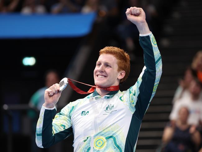 NANTERRE, FRANCE - SEPTEMBER 07: Silver medalist Col Pearse of Team Australia poses for a photo during the medal ceremony for the Men's 200m Individual Medley - SM10 on day ten of the Paris 2024 Summer Paralympic Games at Paris La Defense Arena on September 07, 2024 in Nanterre, France. (Photo by Sean M. Haffey/Getty Images)