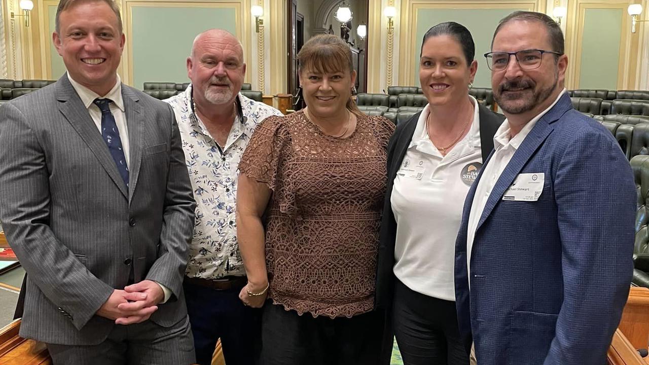 Queensland Premier Steven Miles with anti-knife advocates Brett and Belinda Beasley, Michael and Kerri-Lyn Stewart at Parliament House. Picture: Supplied