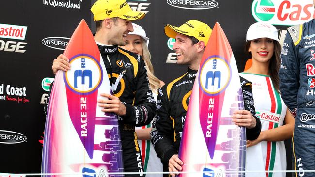 A very happy Dean Fiore and Michael Caruso collect 3rd on the podium during Day 3, Sunday of the GC 600 through the streets of Surfers Paradise. Pics Adam Head