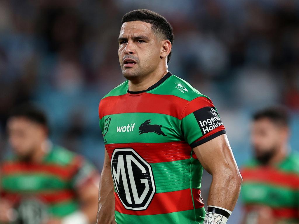 SYDNEY, AUSTRALIA – APRIL 13: Cody Walker of the Rabbitohs reacts during the round six NRL match between South Sydney Rabbitohs and Cronulla Sharks at Accor Stadium, on April 13, 2024, in Sydney, Australia. (Photo by Brendon Thorne/Getty Images)