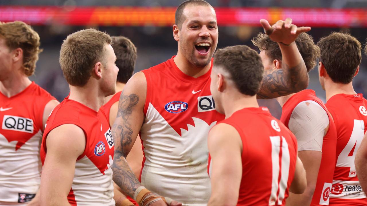 Lance Franklin of the Swans celebrates with Tom Papley of the Swans after the win during the round 19 AFL match between Fremantle Dockers and Sydney Swans at Optus Stadium, on July 22, 2023, in Perth, Australia. (Photo by James Worsfold/Getty Images)