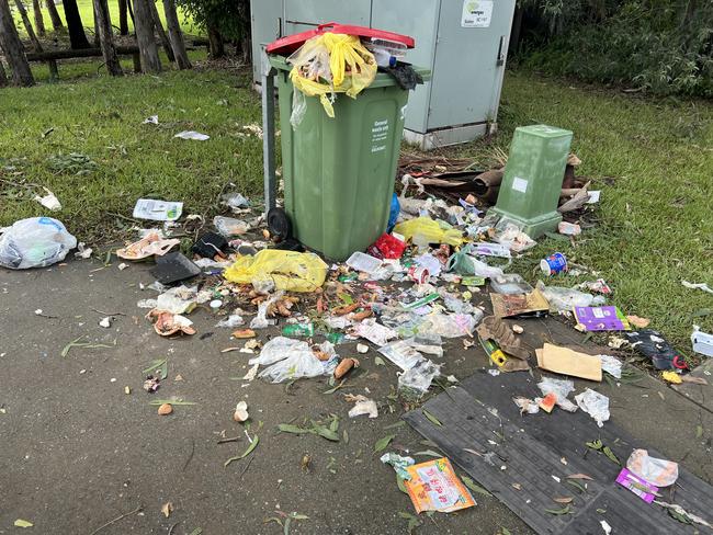 An overflowing bin on Discovery Dr in Helensvale in the wake of bin collections being suspended during Cyclone Alfred. Picture: Keith Woods.