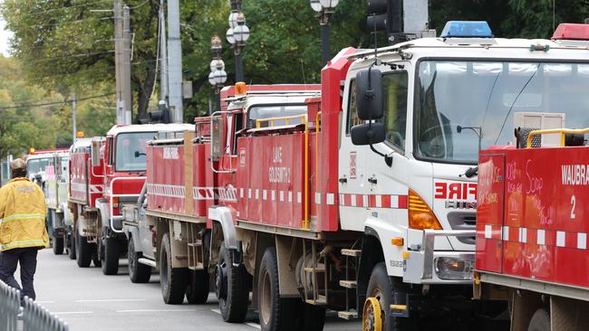 Farmers and CFA members gathered in front of the Victorian parliament on May 9 to vent their anger over the planned new fire services levy. Picture: David Crosling