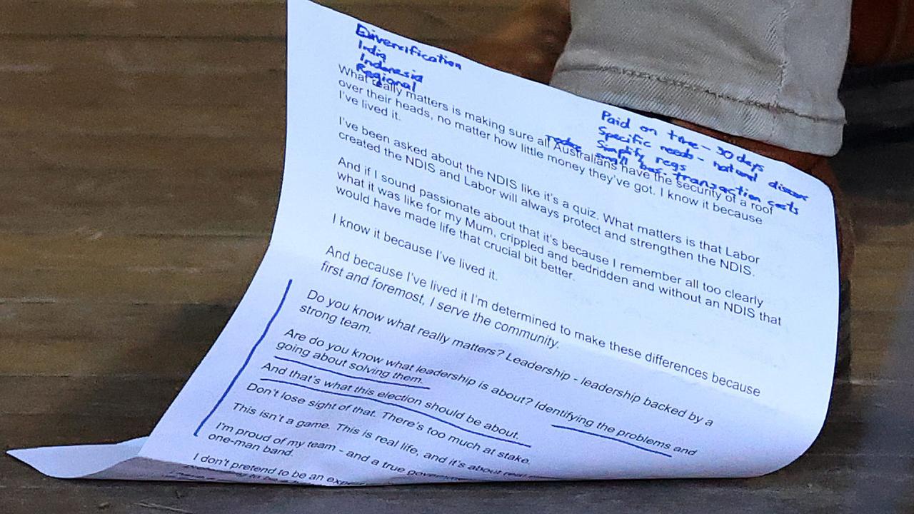 Mr Albanese's notes flew off the lectern during a press conference on Friday, revealing he had notes about the NDIS after he was accused of not knowing Labor’s plan the day before. Picture: Liam Kidston