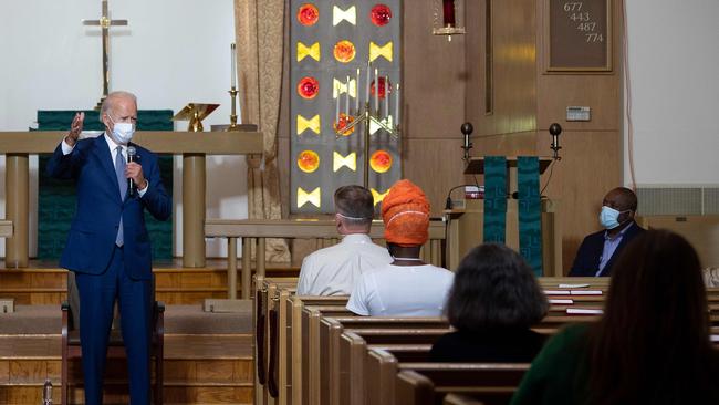 Democratic presidential candidate and former US Vice President Joe Biden speaks at Grace Lutheran Church in Kenosha Wisconsin, on September 3.