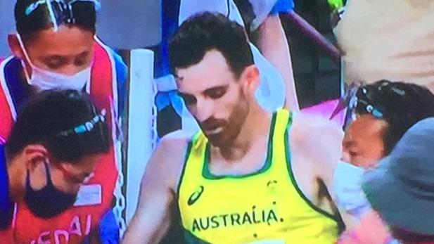 Patrick Tiernan of Team Australia after he collapsed in the Men's 10,000m Final on day seven of the Tokyo 2020 Olympic Games.