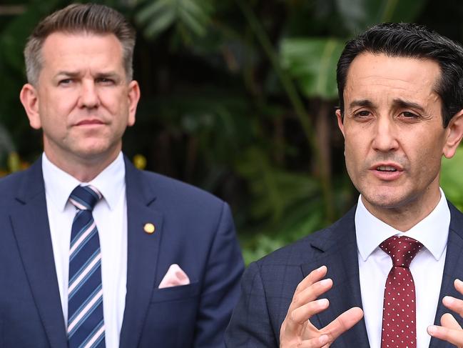 BRISBANE, AUSTRALIA - NewsWire Photos OCTOBER 28, 2024:  Government Swearing in at Government House.New premier of Queensland David Crisafulli and  Jarrod Bleijie.Picture: NewsWire / John Gass