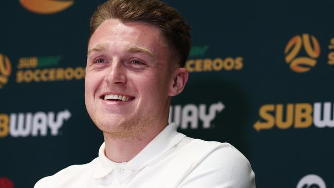 SYDNEY, AUSTRALIA - MARCH 23:  Harry Souttar speaks to the media during a  Socceroos Media Opportunity at Accor Stadium on March 23, 2023 in Sydney, Australia. (Photo by Matt King/Getty Images)