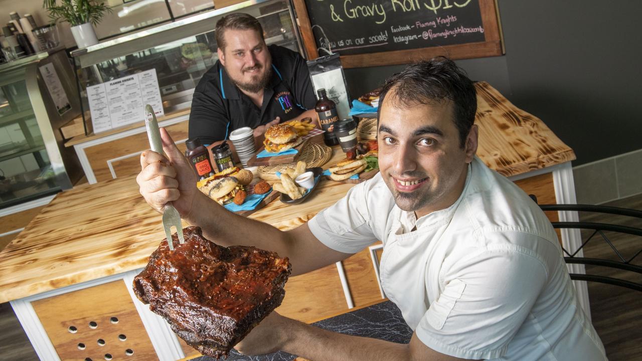 Nick Myatt and executive chef Mark Aboud. Flaming Knights Barbeque Cafe in Drayton. Sunday, February 5, 2023. Picture: Nev Madsen.