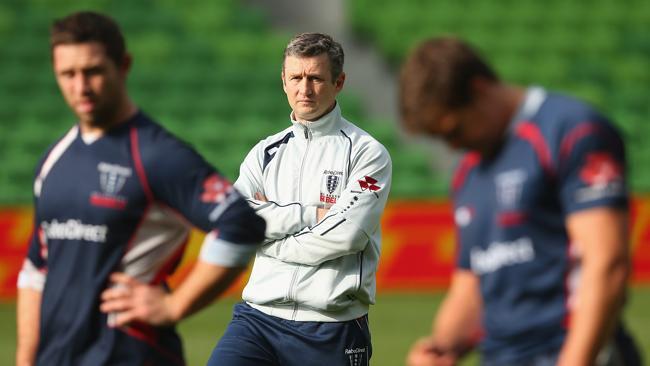 Coach Damien Hill looks on during a Melbourne Rebels captain's run at AAMI Park. Picture: Quinn Rooney