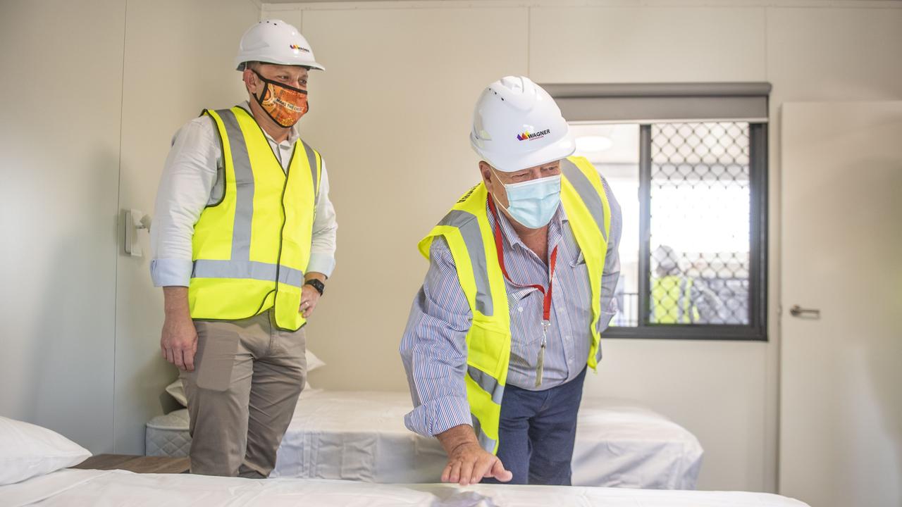 Deputy Premier Steven Miles and John Wagner at the Wellcamp quarantine hub. Picture: Nev Madsen.