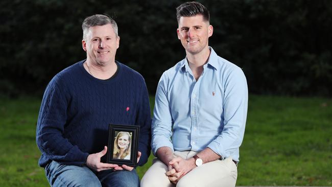 John Lowe, left, lost his wife Louise in 2014 after she died suddenly following a brain aneurysm. Louise was a registered organ and tissue donor. John wanted to honour her decision at the time of her death, and Louise became an organ donor, saving the lives of six people. He is with Royal Melbourne Hospital donation specialist nurse Michael Jay, who works with donor families. Picture: Rebecca Michael.