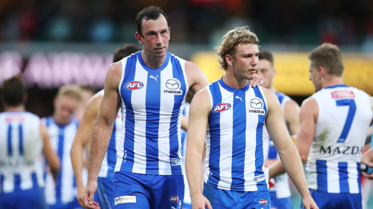 SYDNEY, AUSTRALIA - APRIL 09: Todd Goldstein (L) and Jason Horne-Francis (R) of the Kangaroos look dejected after the round four AFL match between the Sydney Swans and the North Melbourne Kangaroos at Sydney Cricket Ground on April 09, 2022 in Sydney, Australia. (Photo by Matt King/AFL Photos/Getty Images)