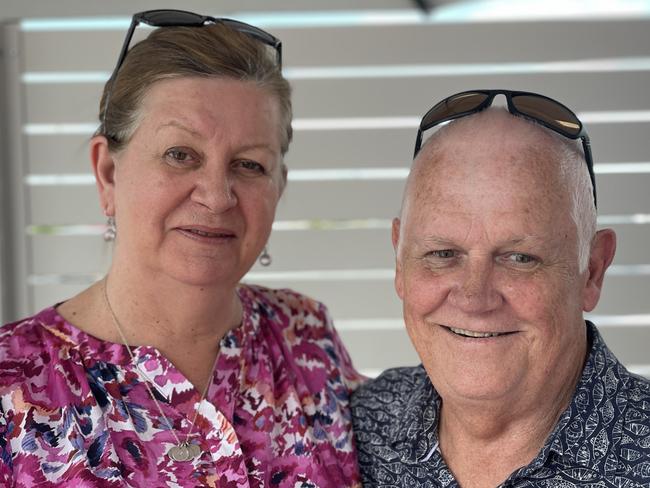 A real life Sunshine Coast couple Bazza and Shazza were flown up on Bonza Airlines’ first flight to Mackay for Valentines Day, after jokingly commenting on the Bonza aeroplane name announcement the company had copied their names. Photo: Zoe Devenport