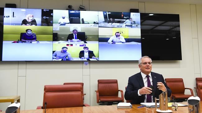 Scott Morrison holds a national cabinet meeting with state and territory leaders at Parliament House on December 30 last year. Picture: AAP