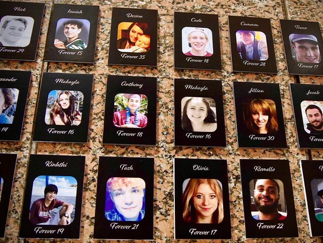 Portraits of fentanyl overdose victims displayed at America’s Drug Enforcement Administration headquarters. Picture: AFP