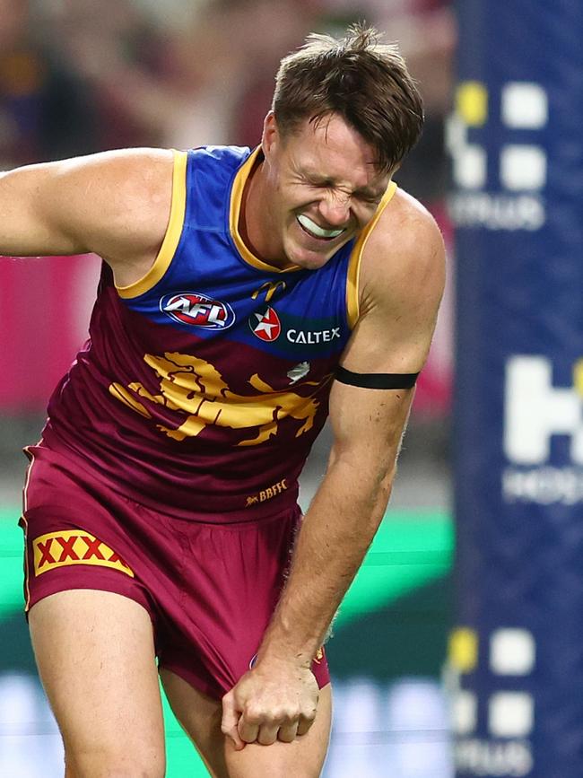 Lincoln McCarthy went down early in the QClash. (Photo by Chris Hyde/AFL Photos/via Getty Images )