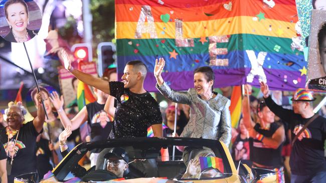 Clover Moore and Alex Greenwich at the Sydney Gay and Lesbian Mardi Gras Parade 2024. Picture: Damian Shaw