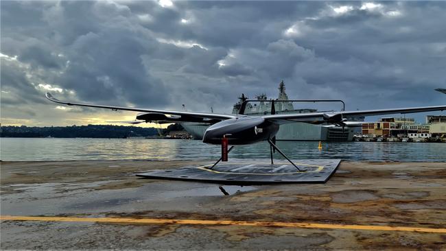 The Domani is an unmanned aerial vehicle by Carbonix. it has vertical takeoff and landing capability (VTOL) with fixed wings for efficient forward flight.