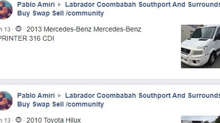 A screenshot of some of the vehicles Parvis 'Pablo' Amiri posted for sale on Facebook, despite the suspension of his motor dealer’s licence. Picture: Facebook