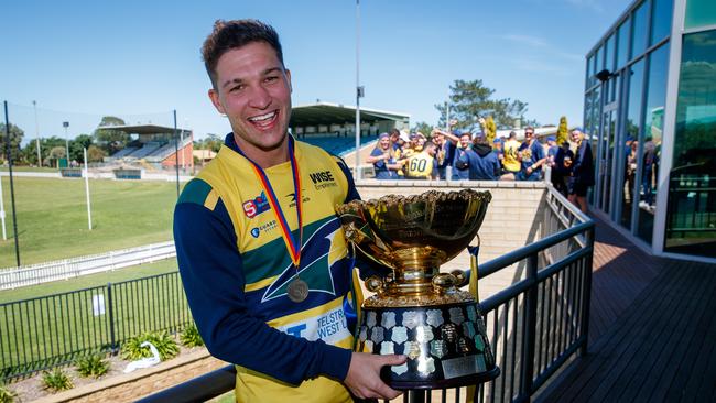 Eagles SANFL player Sam Lowson, celebrating with the premiership cup on October 19, 2020 at Maughan Thiem Kia Oval, Woodville South. Picture Matt Turner.