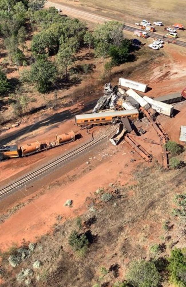 The ariel view after a train derailed near Katherine. Picture: NTPFES