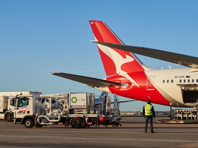 Qantas will buy 10 million litres of sustainable aviation fuel for use on flights from London, to reduce carbon emissions. Picture: Supplied