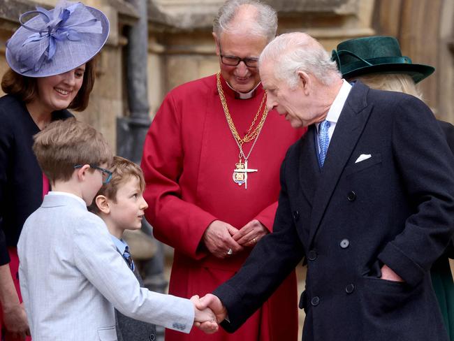 King Charles III greets wellwishers as he leaves St. George's Chapel, in Windsor Castle, after attending the Easter Mattins Service. Picture: Hollie Adams / AFP