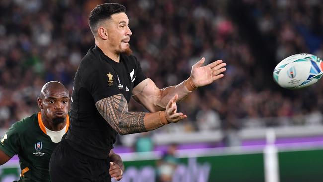 Sonny Bill Williams passes the ball for the All Blacks in their opening Rugby World Cup match against South Africa. Picture: AFP