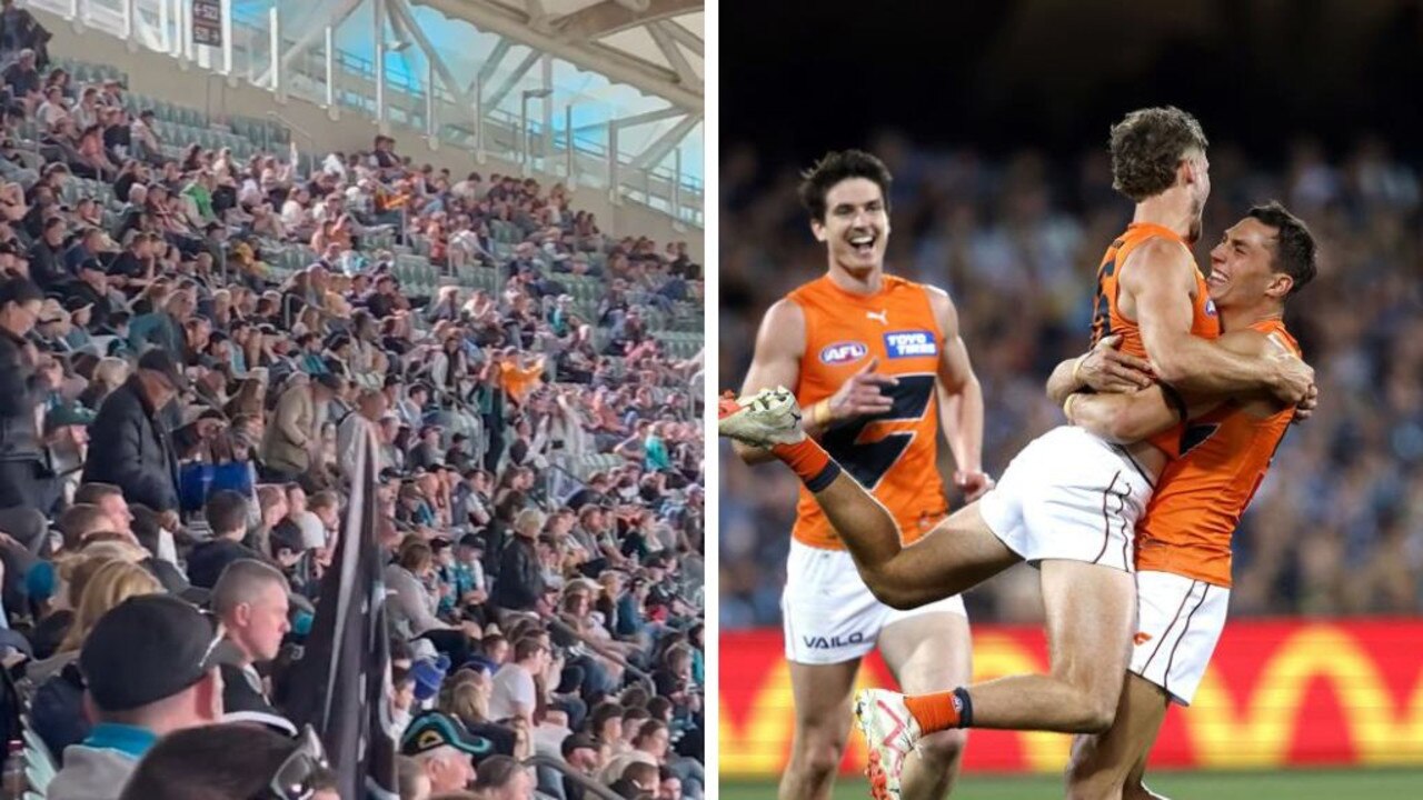 Port fans walk out (left) as GWS romped to victory. Photos: X and News Corporation