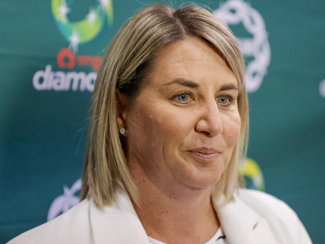 SYDNEY, AUSTRALIA - OCTOBER 30: Stacey Marinkovich, head coach of Australia looks on during an interview during game two of the International Test series between the Australia Diamonds and the England Roses at Qudos Bank Arena on October 30, 2022 in Sydney, Australia. (Photo by Jenny Evans/Getty Images)