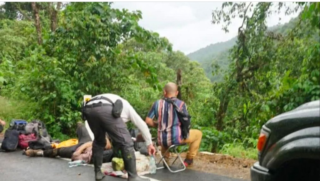 Survivors receive help after crawling back up the cliff to the roadside. Picture: 9 News