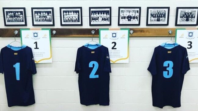 Brisbane Grammar’s jersey ceremony for (from left) Alex Davies, Nicholas Grice and captain Emile Tuimavave. Supplied: BGS