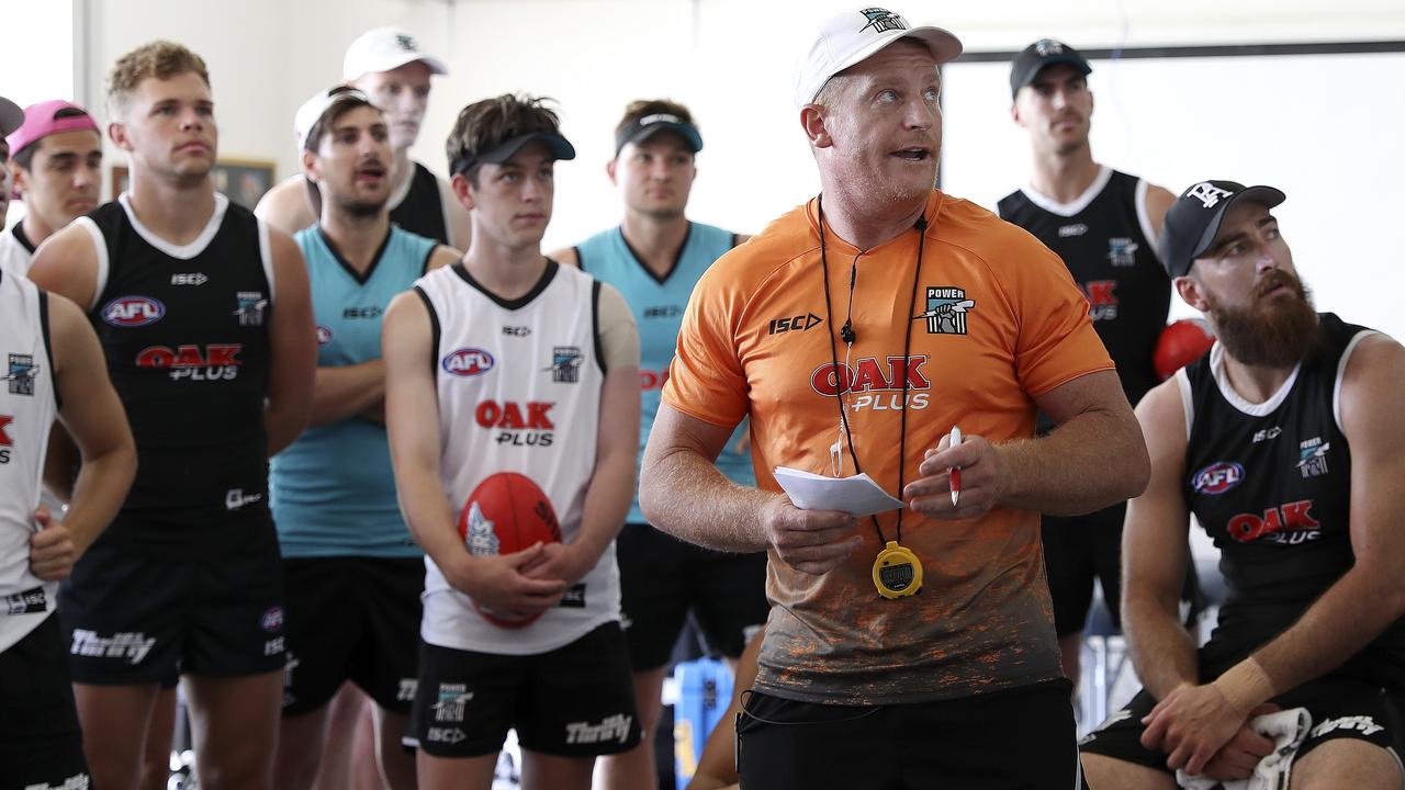 Michael Voss talking to Port Adelaide players during a meeting. Picture: Sarah Reed