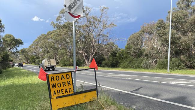 Road work signs on the Nepean Highway at Mount Martha are frustrating locals who say no work is being done. Picture: Lucy Callander