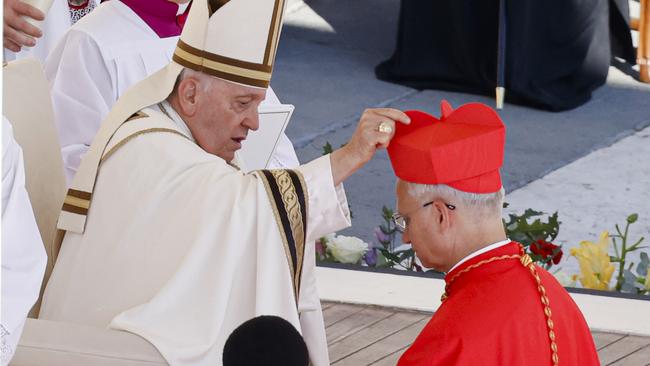 Prevost receives his biretta as he is appointed cardinal by Pope Francis in 2023. Picture: AP /Riccardo De Luca