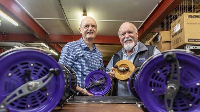 Glenn and Bruce Alvey, in the workshop where their famous Alvey fishing reels are made.