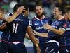 CANBERRA, AUSTRALIA - APRIL 18: Sefanaia Naivalu of the Rebels is congratulated after scoring a try during the round 10 Super Rugby match between the Brumbies and the Rebels at GIO Stadium on April 18, 2015 in Canberra, Australia. (Photo by Stefan Postles/Getty Images)