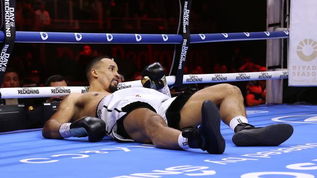 Ellis Zoro is knocked down by Jai Opetaia during the Day of Reckoning: Fight Night in Riyadh, Saudi Arabia. Picture: Getty