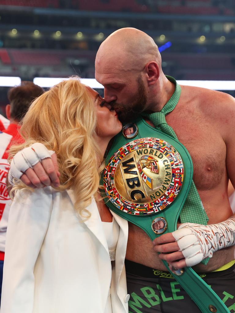 Tyson Fury celebrates with Paris after his 2022 win over Dillian Whyte. Photo by Julian Finney/Getty Images