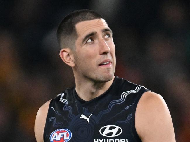 MELBOURNE, AUSTRALIA - MAY 25: Jacob Weitering of the Blues looks on during the round 11 AFL match between Carlton Blues and Gold Coast Suns at Marvel Stadium, on May 25, 2024, in Melbourne, Australia. (Photo by Daniel Pockett/Getty Images)