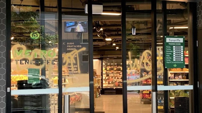 A Brisbane Woolworths store that was vandalised after the supermarket chain’s decision to stop selling Australia Day merchandise. Picture: ABC News