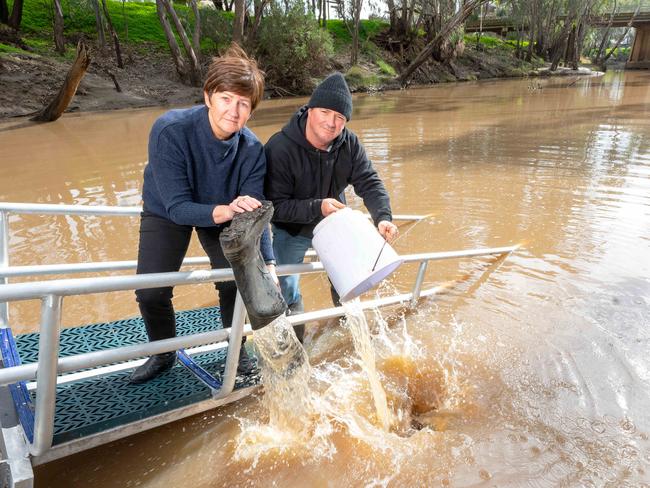 Sharon Williams and David Christie want water let out from Lake Eppalock and new flood gates to be installed. Picture: Rob Leeson.