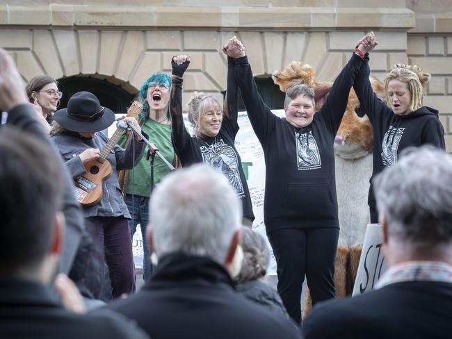 Colette Harmsen, second from right, is welcomed back into life outside jail in a Hobart celebration by environmentalists. Picture: Chris Kidd