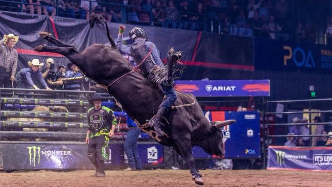 Boston Leather rides Mr T at the PBR Grand Finals in Townsville, Queensland at the Townsville Entertainment &amp; Convention Centre on Saturday November 2, 2024. Picture: PBR Australia.