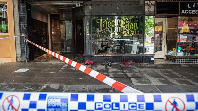 Electric Rooster Tattoo parlour was firebombed this morning, causing residents in nearby apartments to flee. Picture: Jason Edwards