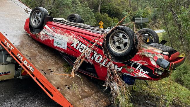 Targa Tasmania 2021. 1979 Mazda RX-7 of Shane Navin and co-driver Glenn Evans crashed 35.4 kilometres into the stage at approximately 10am this morning. Medical teams were immediately dispatched to attend the scene of the accident but were unable to revive Shane, who died at the scene. Co-driver Glenn Evans, was assessed by the attending medical crew and cleared of injuries. Picture: James Bresnehan
