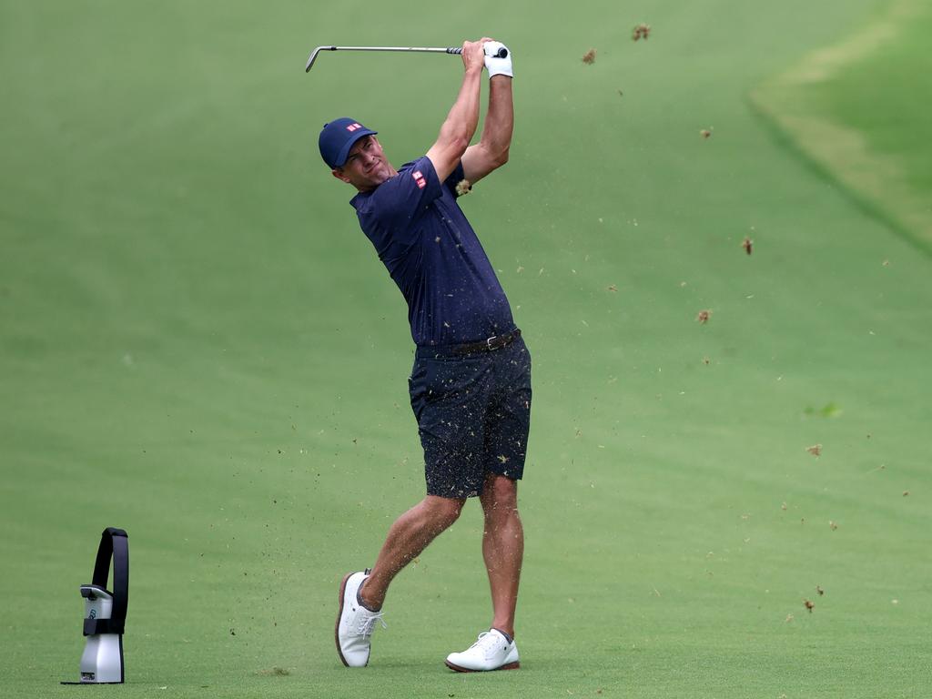 FORT WORTH, TEXAS - MAY 22: Adam Scott of Australia hits a shot from the 18th fairway prior to the Charles Schwab Challenge at Colonial Country Club on May 22, 2024 in Fort Worth, Texas. (Photo by Tim Heitman/Getty Images)