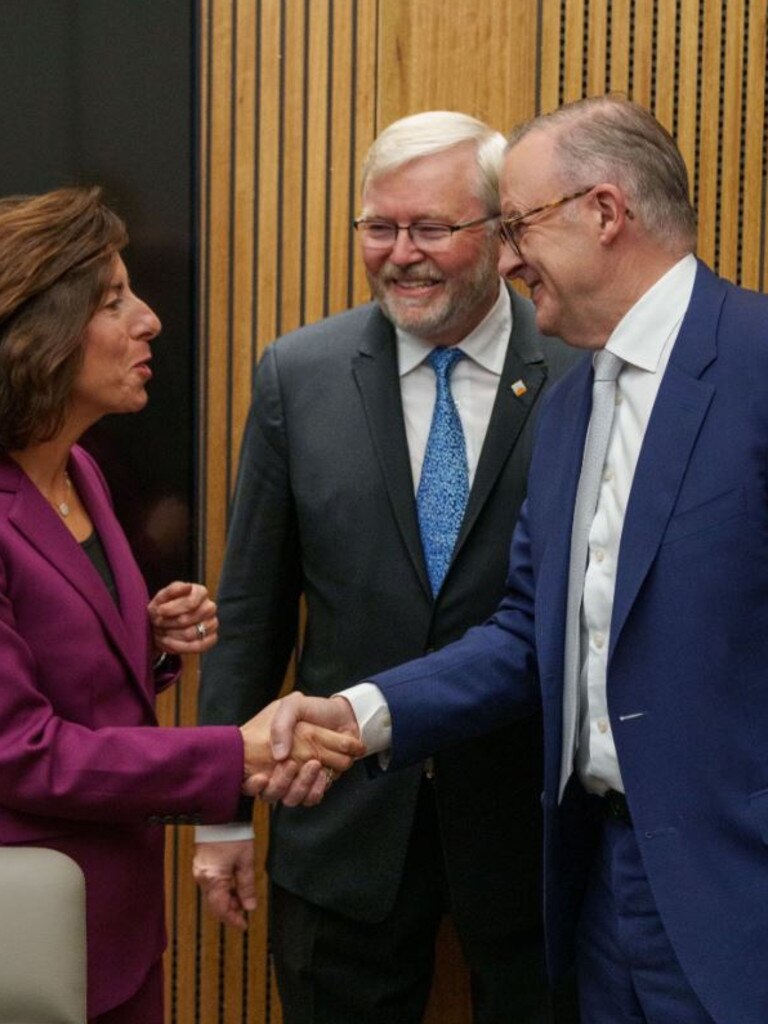 Anthony Albanese, Kevin Rudd and US Secretary of Commerce Gina Raimondo. Picture: X