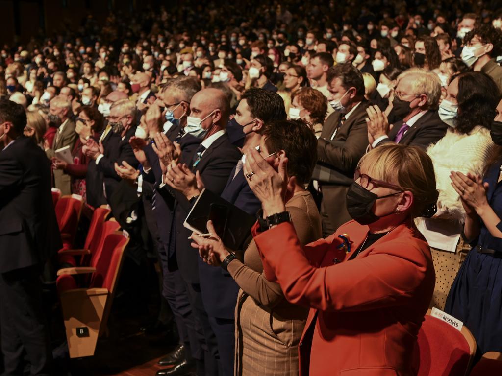 Mr Zelensky received two standing ovations at the end of his appearance at the ANU. Picture: NCA NewsWire / Martin Ollman